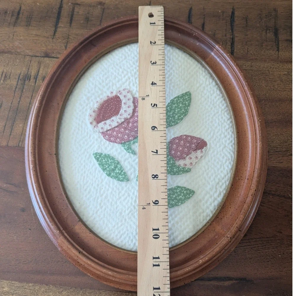 Vtg Handmade Framed Fabric Art Blue Pink Quilted Floral Cottagecore Set of 2